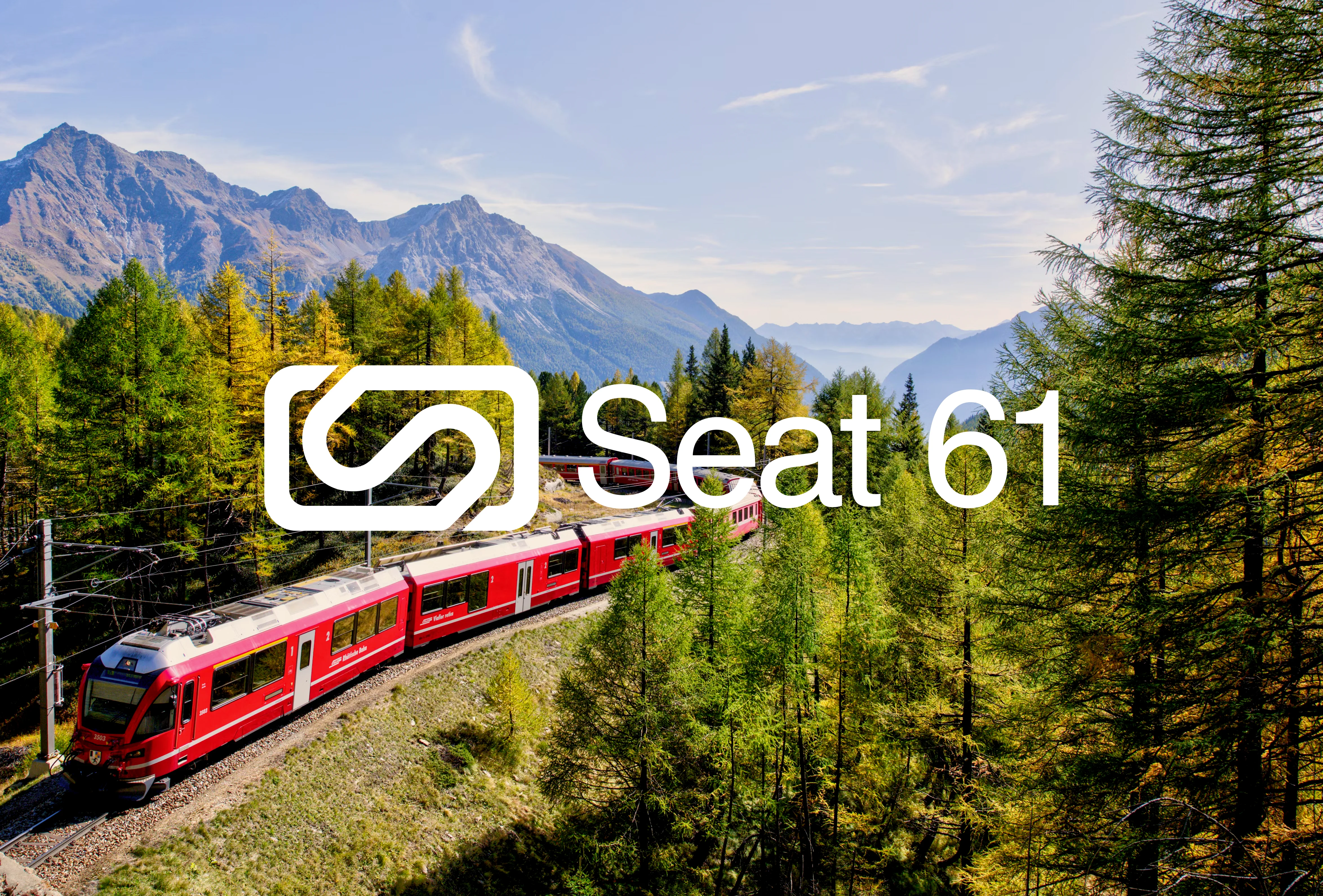 Seat 61 logo centred over a scenic view of a passenger train passing through a pine forest against a mountain backdrop.