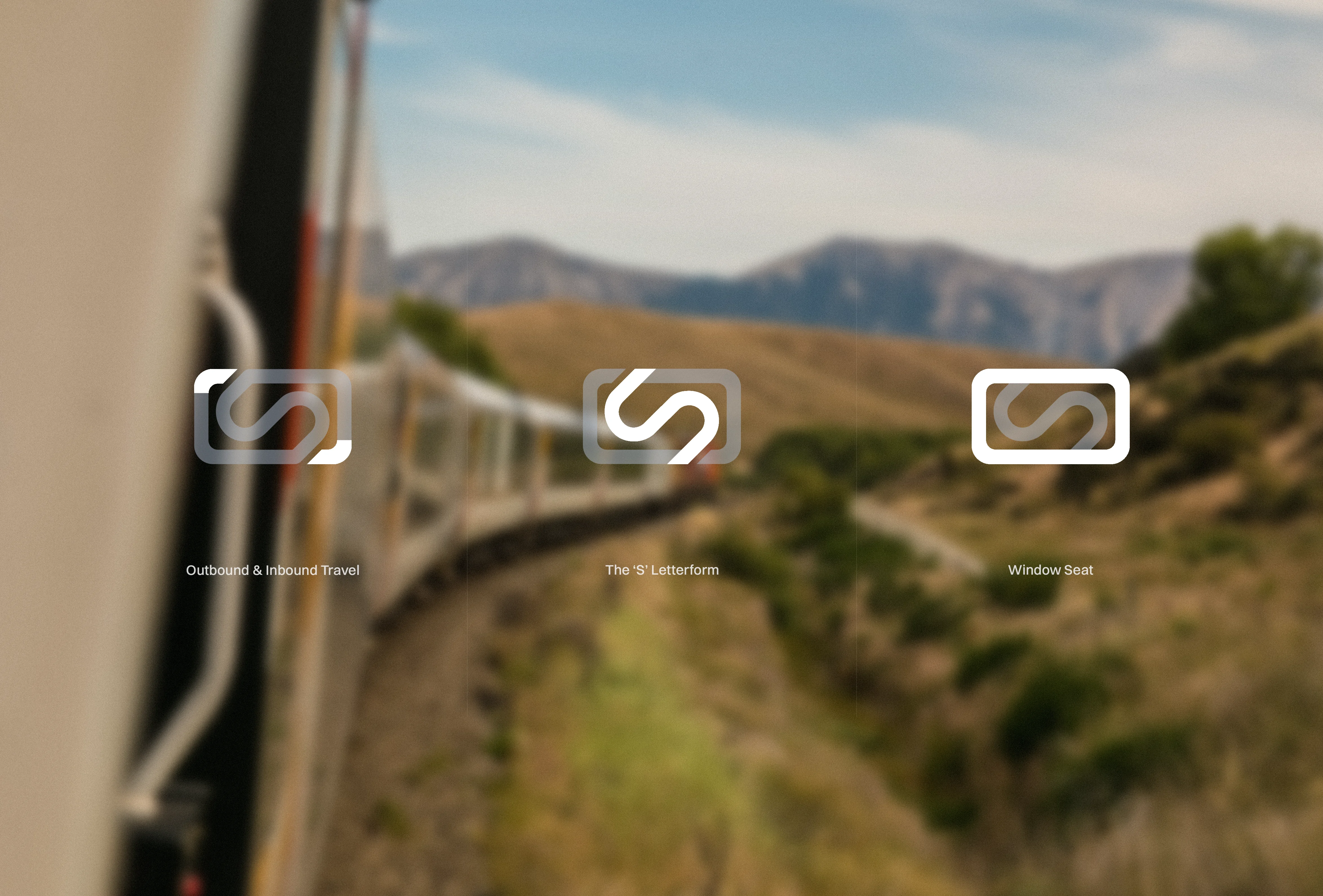 Rear view of a train winding through a mountain landscape, with three Seat 61 logo elements and their meanings displayed in the foreground.