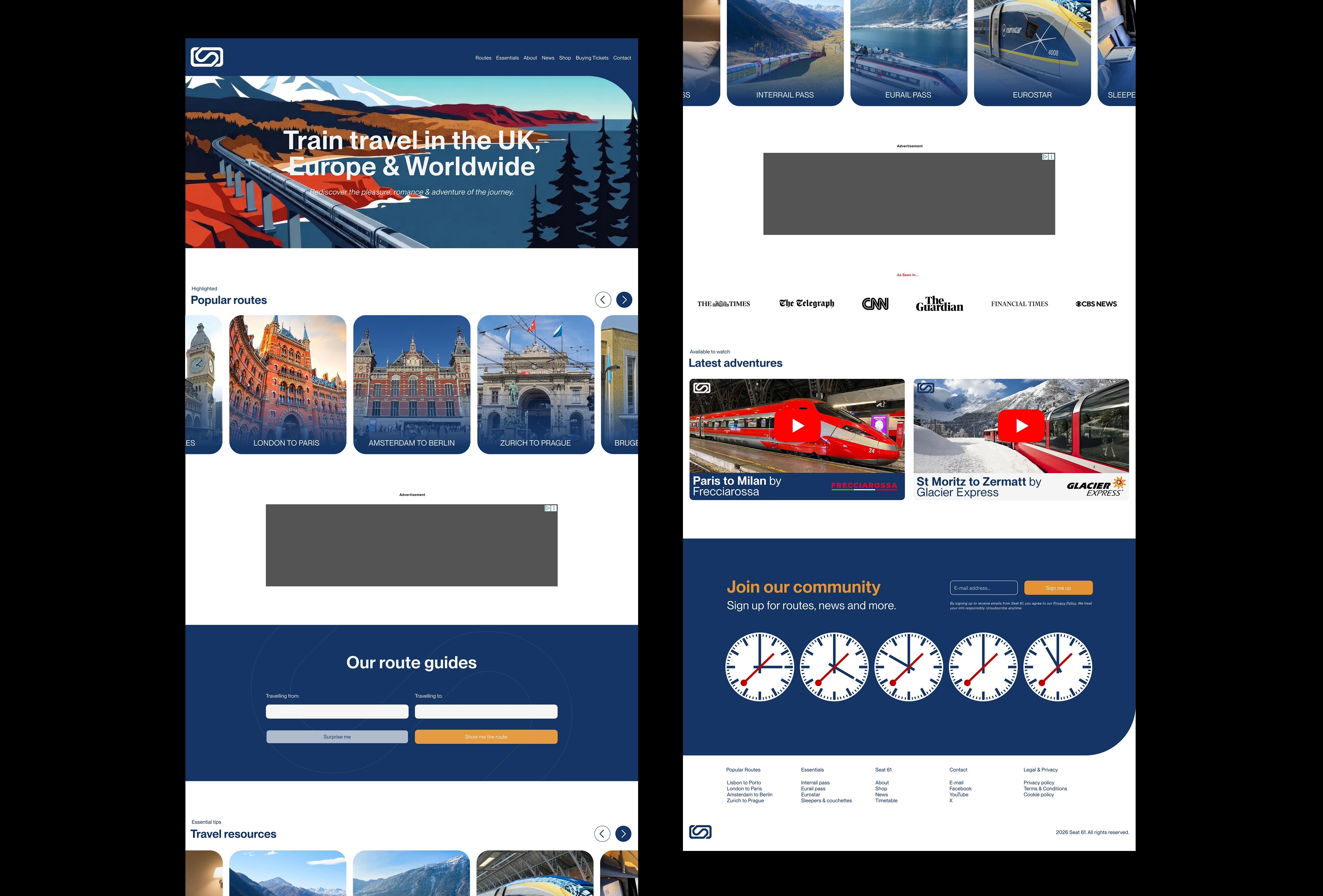 Design mockup showcasing the new desktop layout for the Seat 61 website homepage.