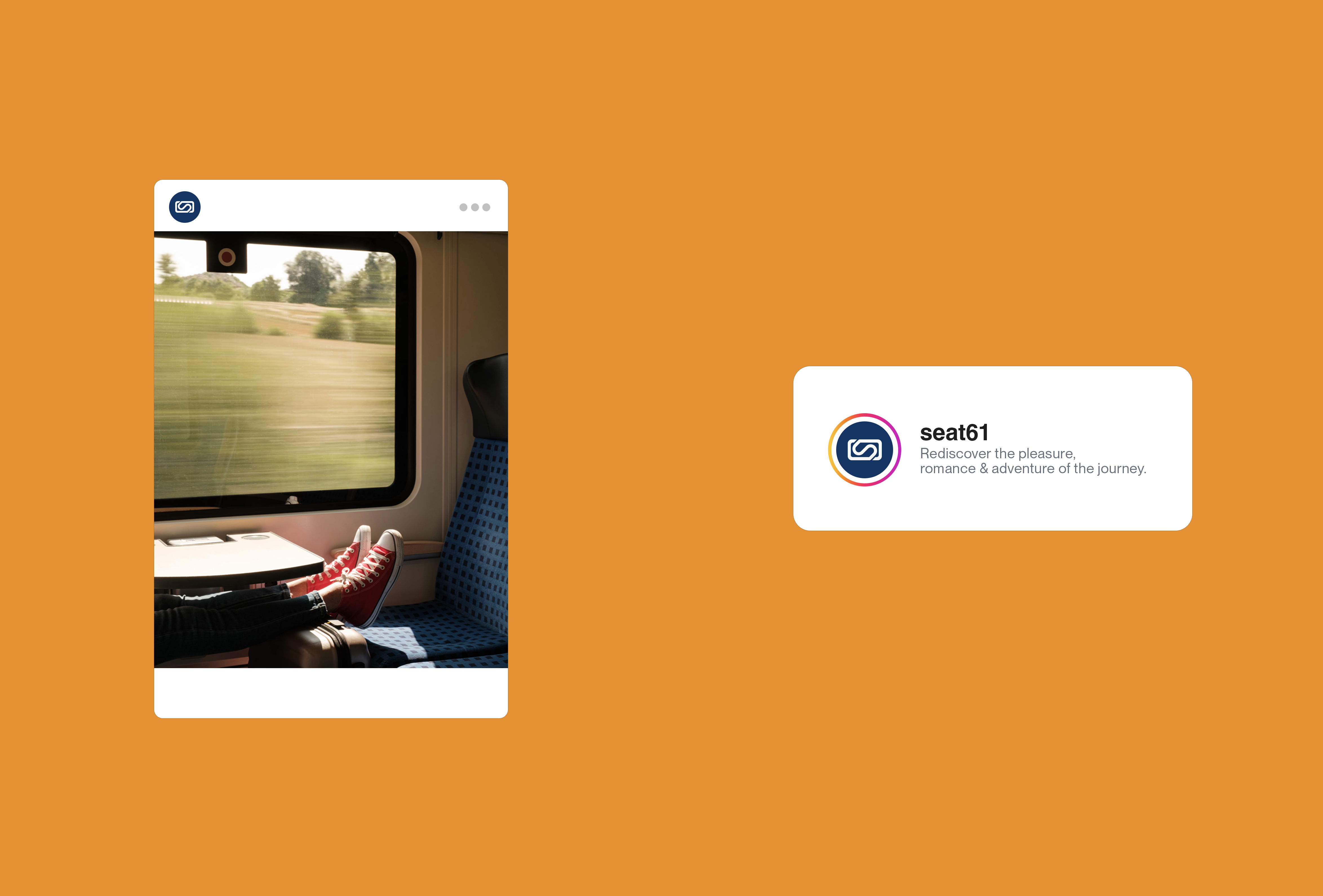 Graphic mockup showcasing Seat 61's social media identity, displaying a styled Instagram post alongside the new profile picture and account description.