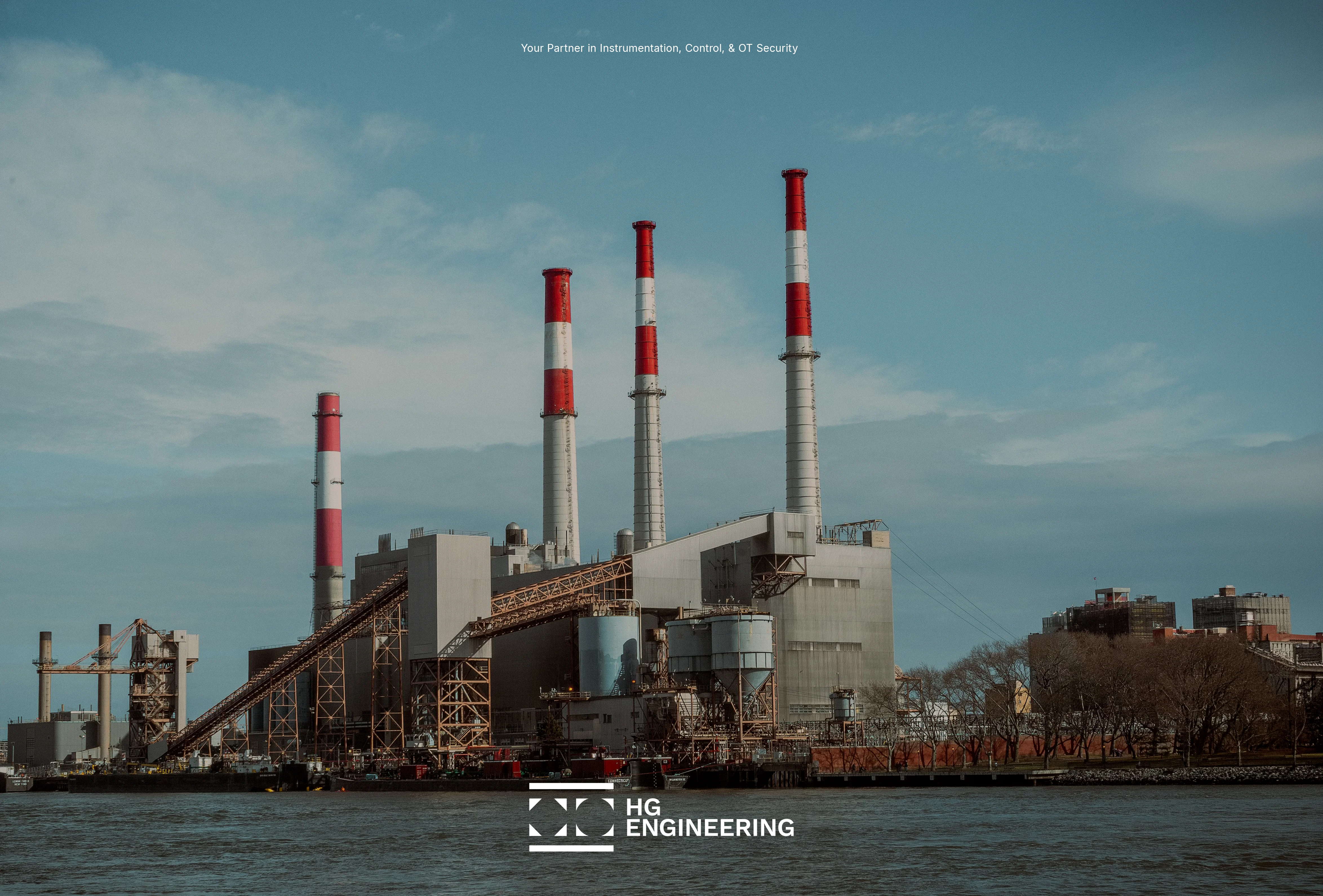 A power plant graphic featuring "Your Partner in Instrumentation, Control, & OT Security" centred at the top and the logo mark at the bottom.